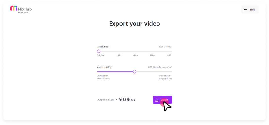 Choose resolution and video quality settings to save your cropped video